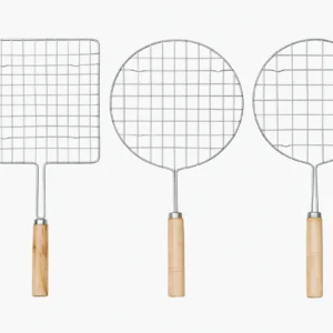 Stainless Steel BBQ Grill Net with Wooden Handle – Round & Square Options