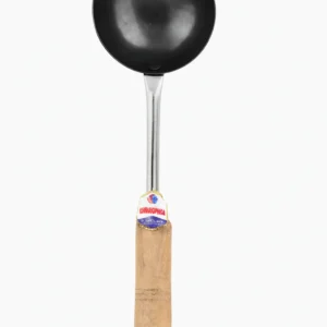Heavy-Duty Iron Black Tadka Ladle with Wooden Handle – For Tempering & Frying